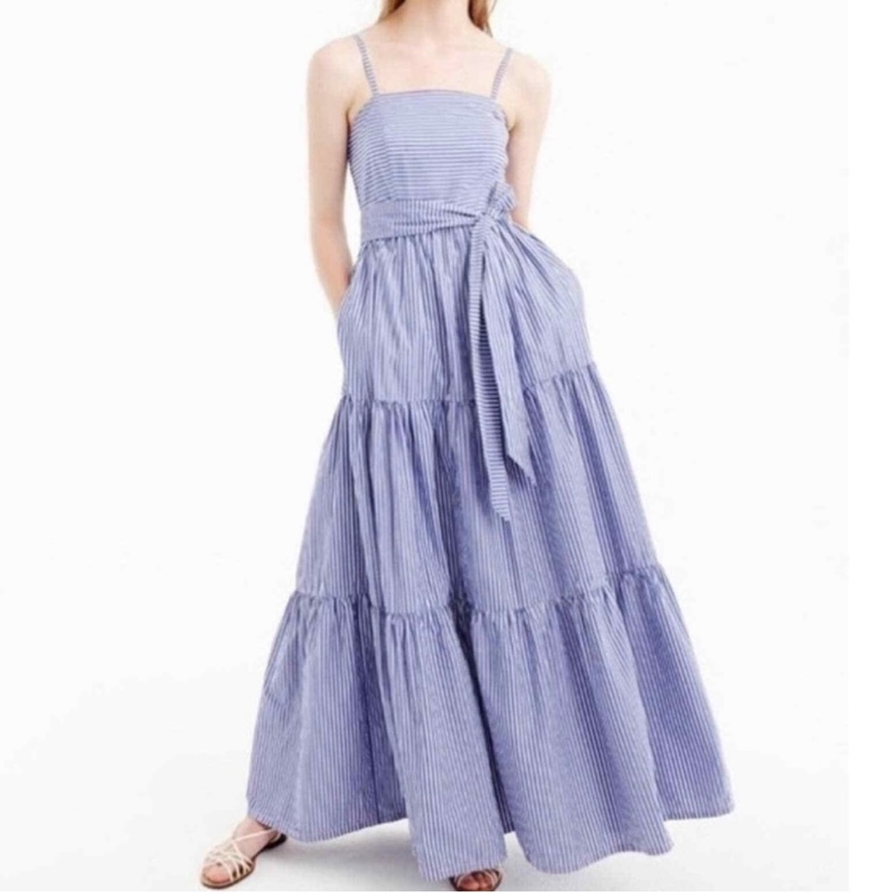 J Crew Garratt Striped Maxi Dress Tiered Ruffle Size 2 Cotton Blue White Pockets